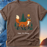 Brown t-shirt with a stylized fox walking in a forest scene, with text "Yes, I'm foxy."