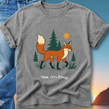 Gray t-shirt with a cartoon fox and "Yes, I'm foxy" text.