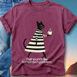 Black cat in striped shirt holding coffee cup, text "That sounds like tomorrow's problem."
