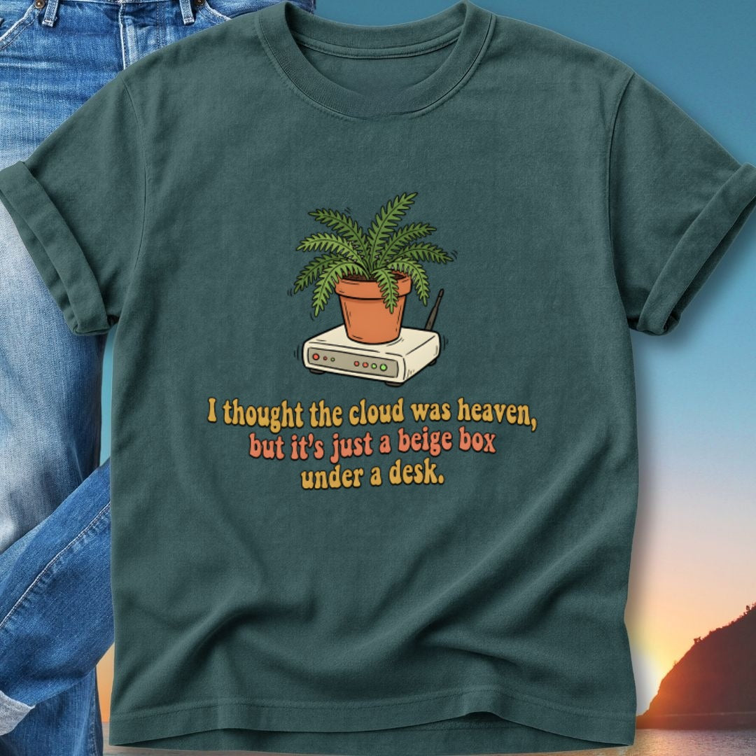 T-shirt with a plant on a beige router and text about the cloud.