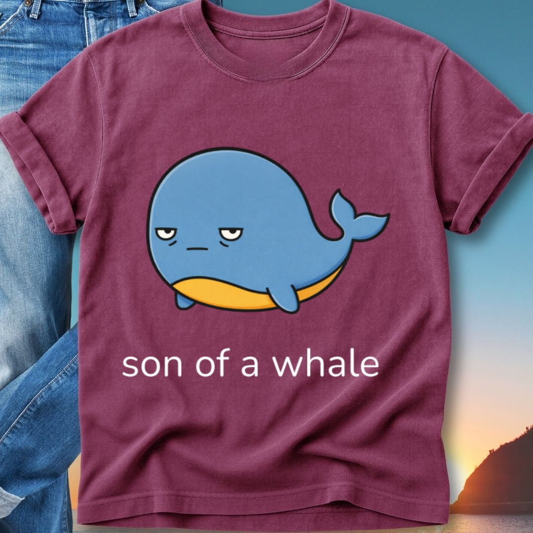 Maroon t-shirt with cartoon whale and "son of a whale" text.