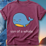 Maroon t-shirt with cartoon whale and "son of a whale" text.