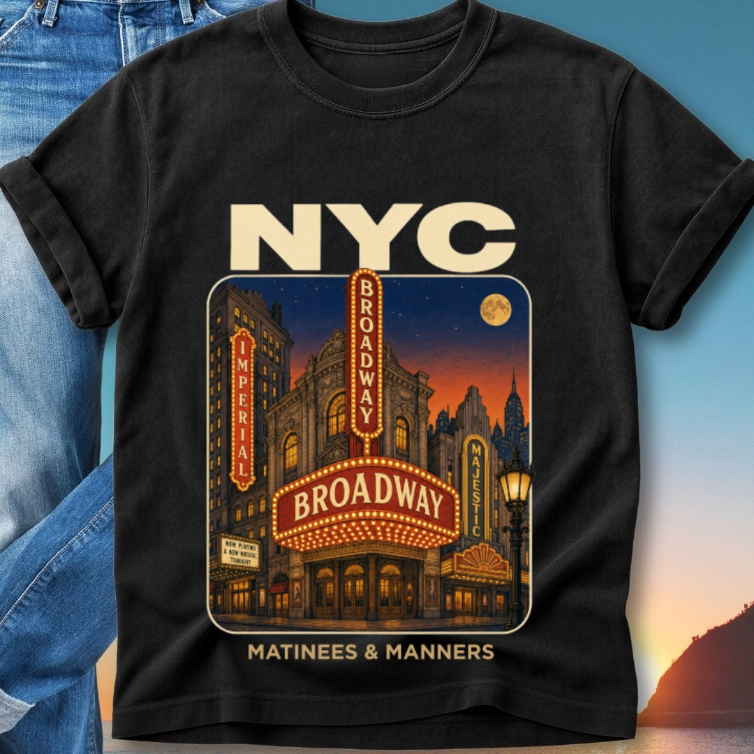Black t-shirt with "NYC BROADWAY" and vintage theater marquee graphic.