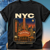 Black t-shirt with "NYC BROADWAY" and vintage theater marquee graphic.