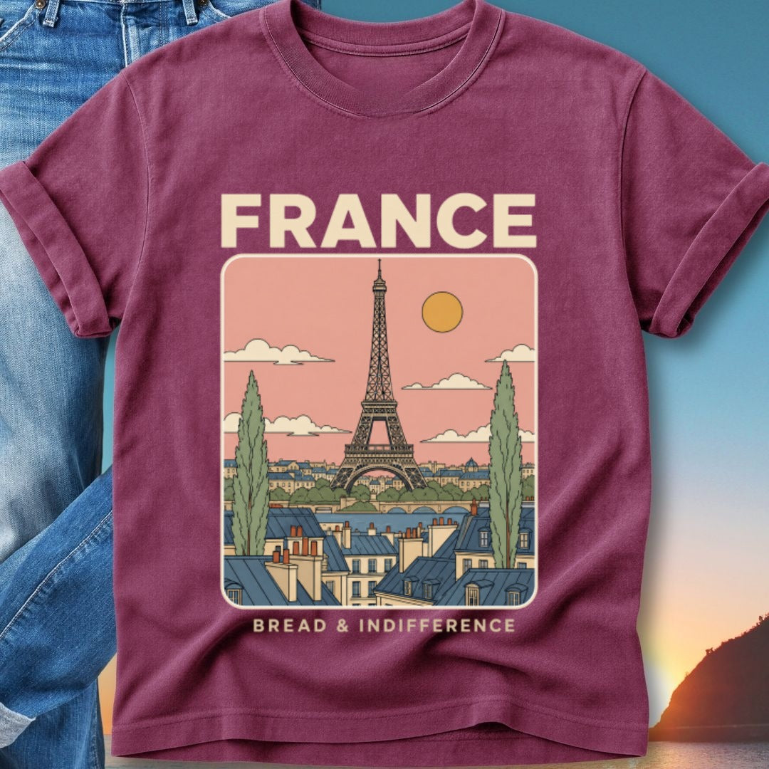 Eiffel Tower and Paris cityscape with "FRANCE BREAD & INDIFFERENCE" text.