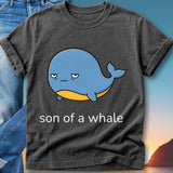 T-shirt with cartoon blue whale graphic and text "son of a whale".