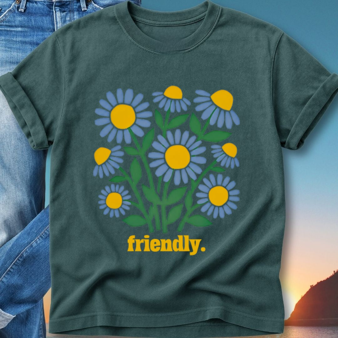 Dark green t-shirt with a stylized floral graphic and the word "friendly."
