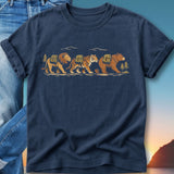 Lion, tiger, and bear wearing backpacks, walking in a line.