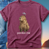Burgundy t-shirt with a capybara wearing a tiny umbrella, text reads "pardon me".