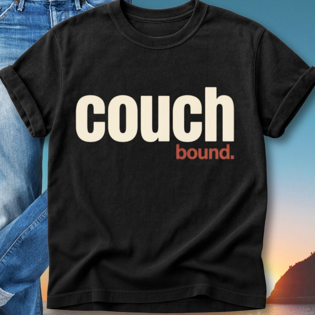 Black t-shirt with "couch bound." text in cream and red.