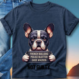 French bulldog wearing a police mugshot sign saying "Not Guilty".