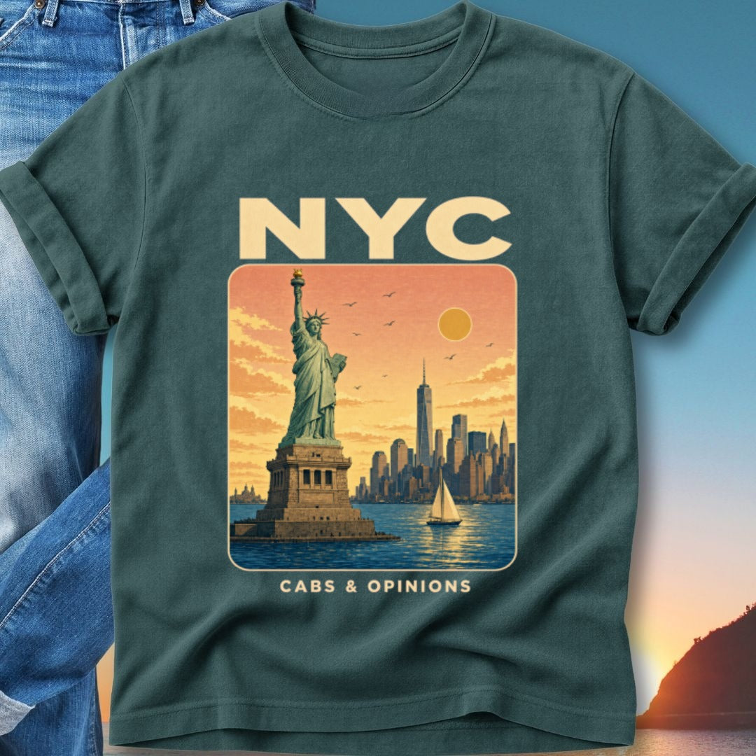 NYC Cabs & Opinions t-shirt featuring Statue of Liberty and New York City skyline.