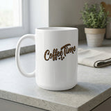 White mug with "Coffee Time" text and coffee beans graphic.