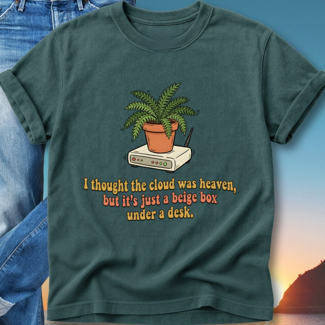 Green t-shirt with illustration and text about a beige box.