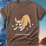Brown t-shirt with a cartoon French bulldog doing zoomies, text "zoomies engaged."