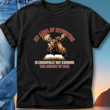 T-shirt with a moose wearing glasses reading a book, text: My Area of Expertise is Cheerfully Not Knowing the Answer to That.