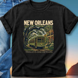 Black t-shirt with New Orleans streetcar and "Trolleys and Detours" text.