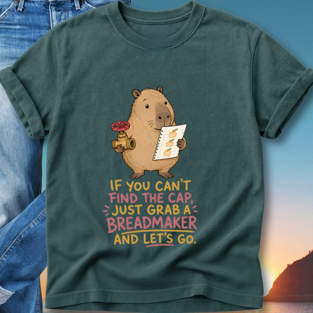 Capybara holding plumbing parts and breadmaker recipe; "If you can't find the cap, just grab a breadmaker and let's go."