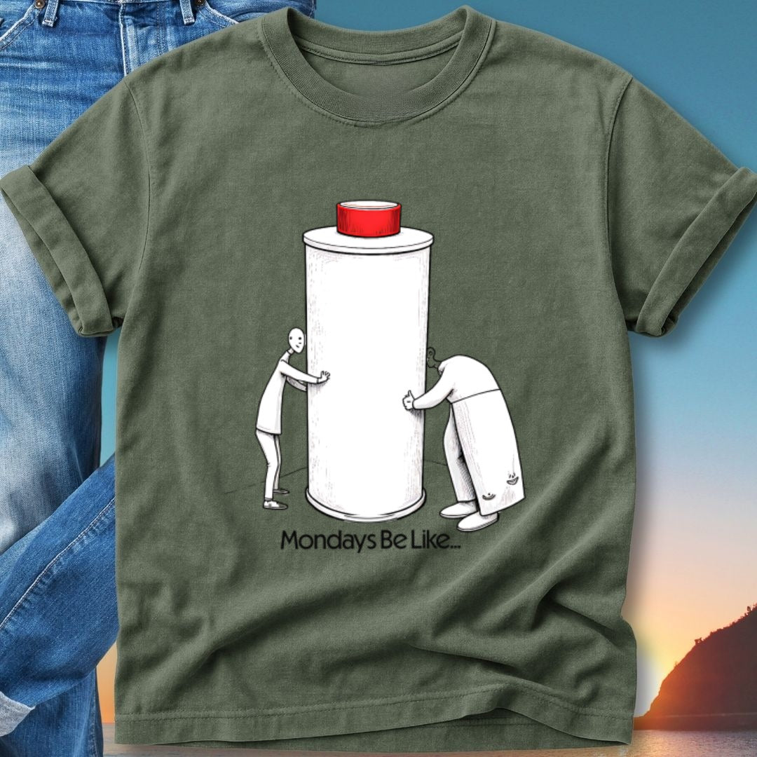 T-shirt graphic showing two figures struggling to push a large battery with text "Mondays Be Like...".