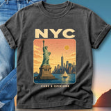 NYC Cabs & Opinions t-shirt featuring Statue of Liberty and New York City skyline.