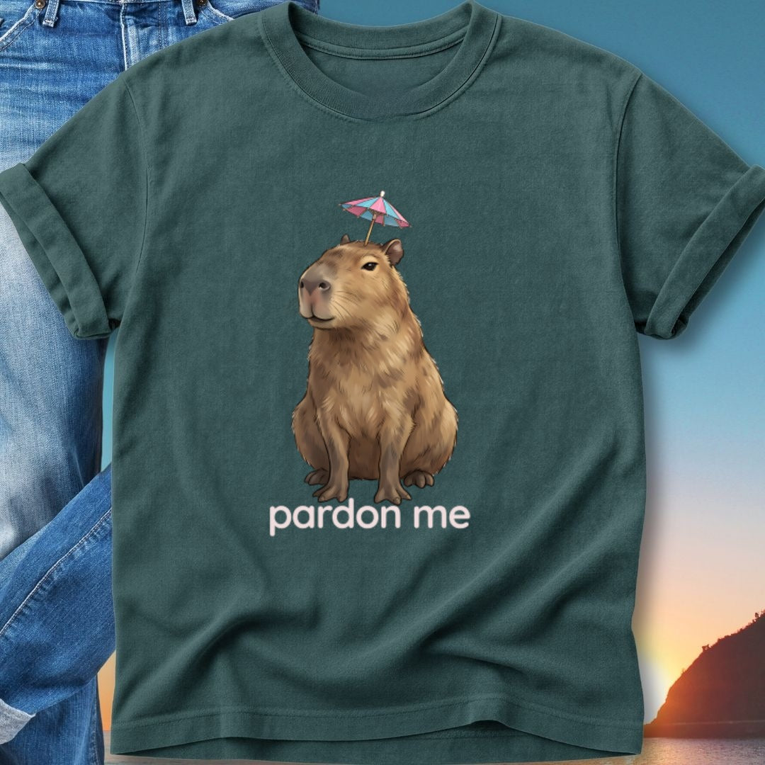 Capybara wearing a tiny umbrella, with "pardon me" text below.