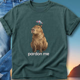 Capybara wearing a tiny umbrella, with "pardon me" text below.
