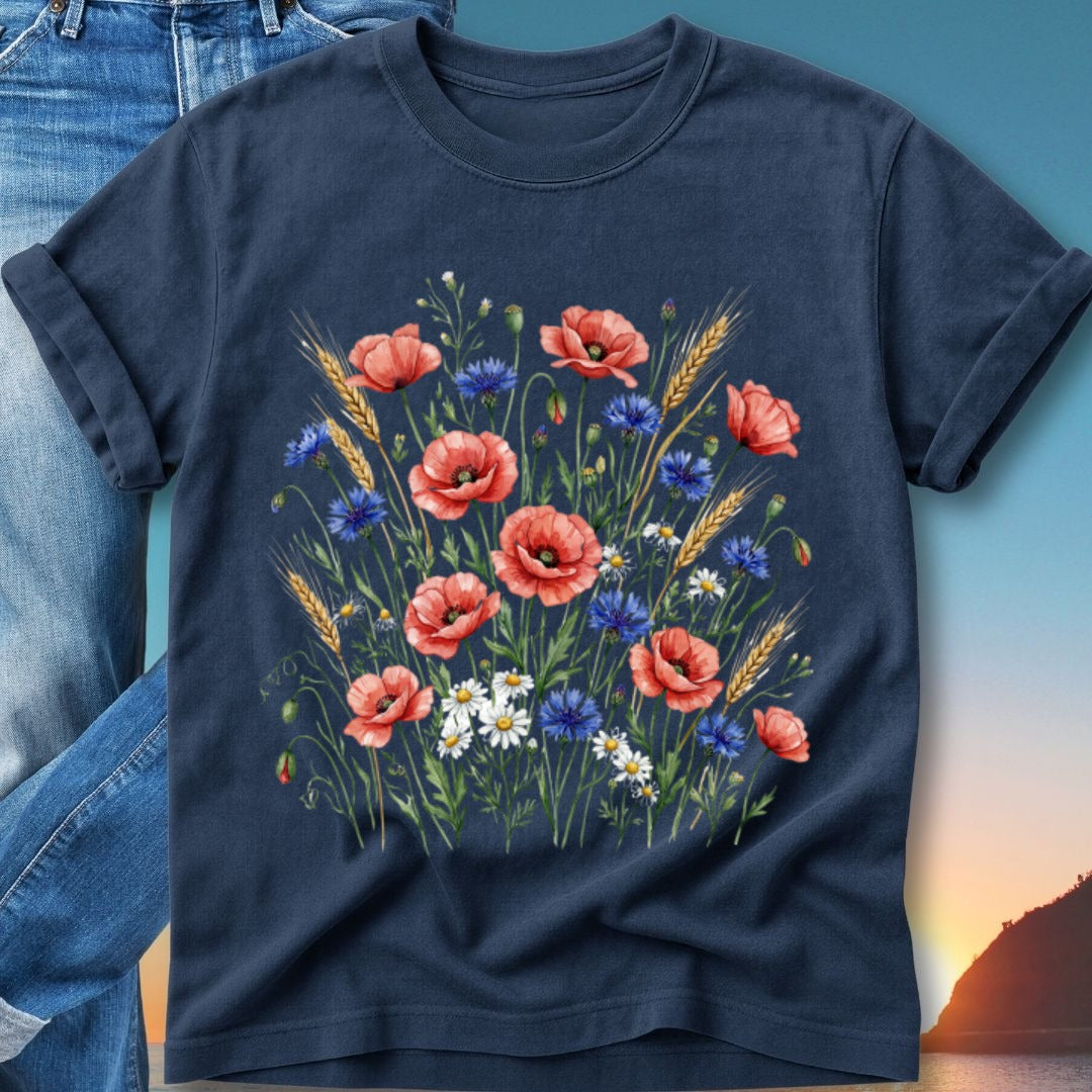 Navy blue t-shirt with a watercolor floral design of poppies, cornflowers, and wheat.